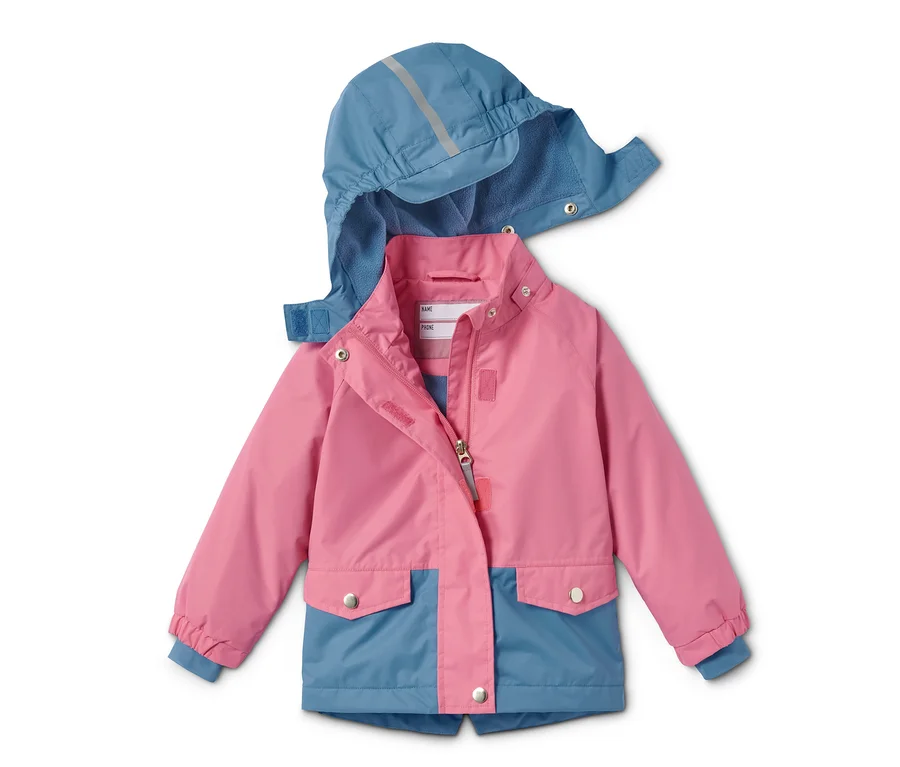 Blau-rosa Thermo-Regenjacke mit recyceltem Material, teilweise geöffnet.