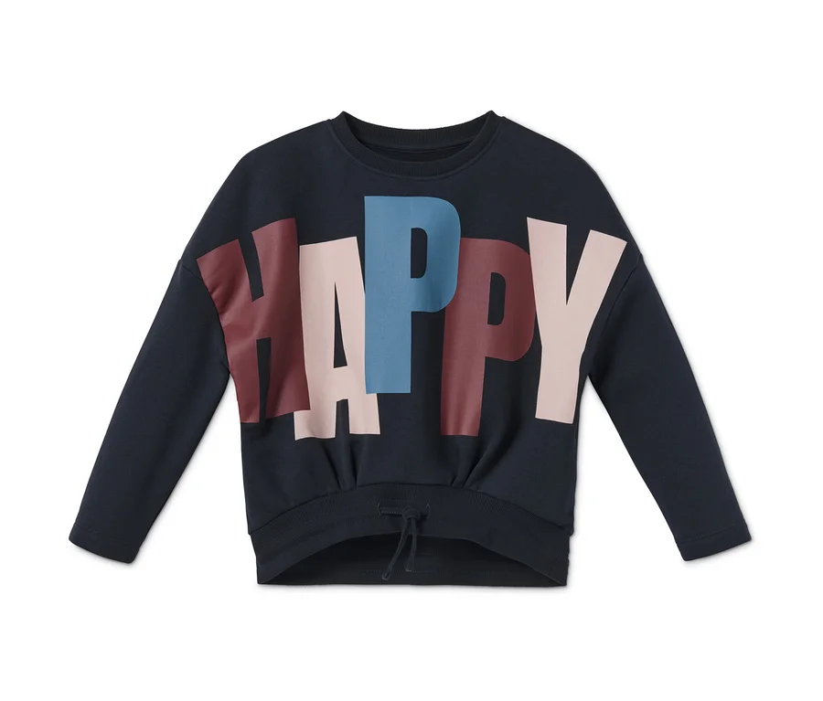 Dunkelblaues Sweatshirt mit langen Ärmeln und dem Aufdruck "HAPPY".