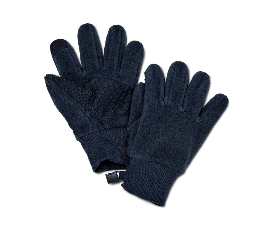 Zwei dunkelblaue Fleecehandschuhe aus recyceltem Material liegen nebeneinander.