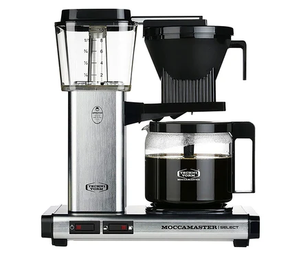 Detailaufnahme einer Moccamaster KBG Select Filterkaffeemaschine in gebürstetem Alu.