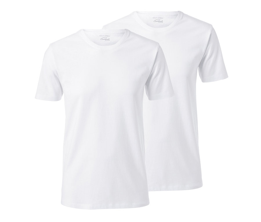 Zwei weiße T-Shirts mit Rundhalsausschnitt.
