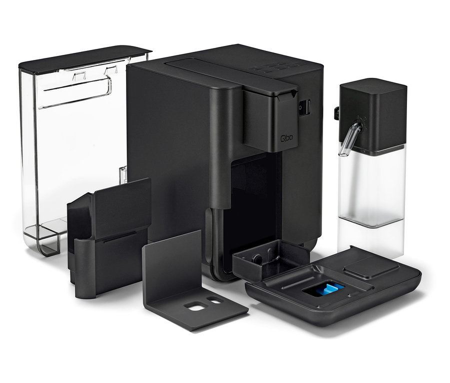 Ein schwarzer Qbo MILK MASTER Velvet Black Kaffeevollautomat mit abnehmbaren Komponenten.