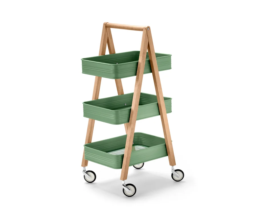 Ein grüner Küchen-Servierwagen mit drei Ablagen und Holzrahmen.