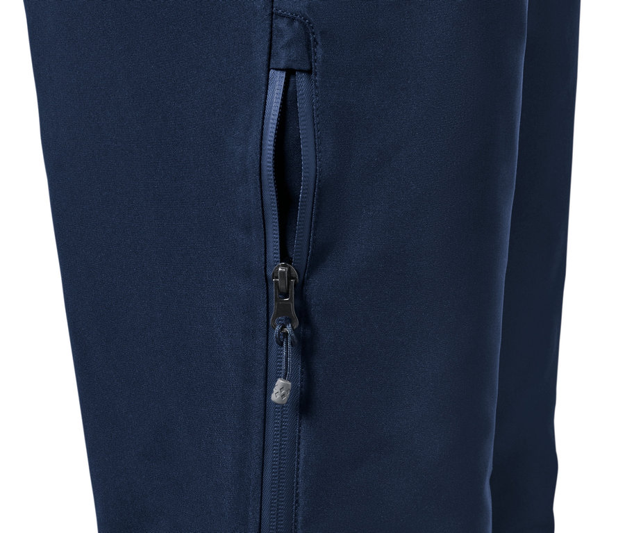Detail einer blauen Ski- und Snowboardhose mit Reißverschluss.