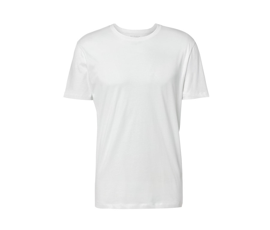 Ein weißes T-Shirt mit kurzen Ärmeln und Rundhalsausschnitt.