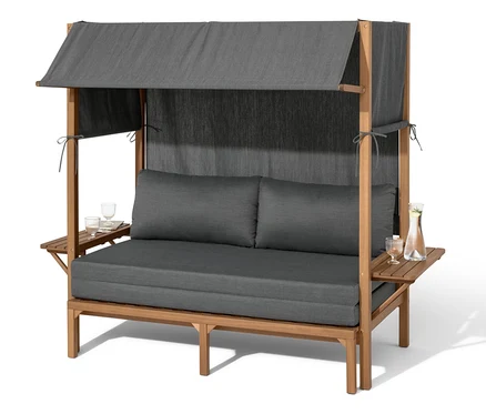 Lounge-Strandkorb »Tinus« mit ausziehbarem Fußteil, grauen Polstern und Holzgestell.