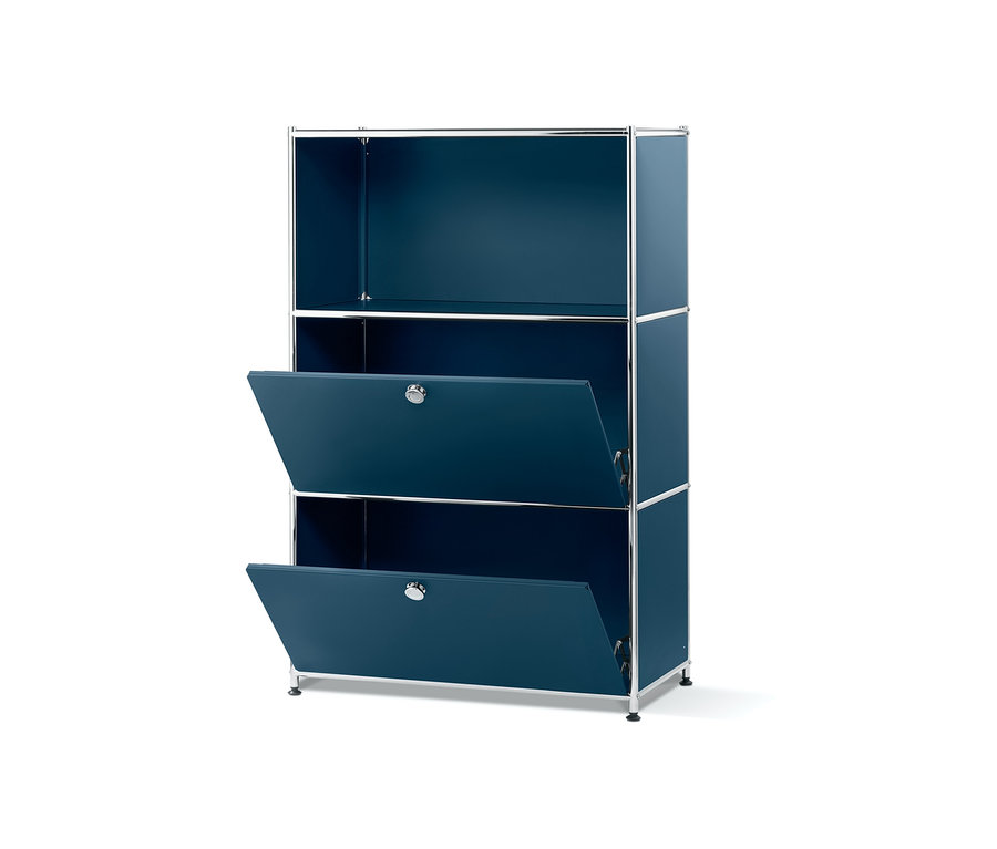 Blaues Sideboard »CN3« mit 2 Klappen, wobei 2 Klappen geöffnet sind.
