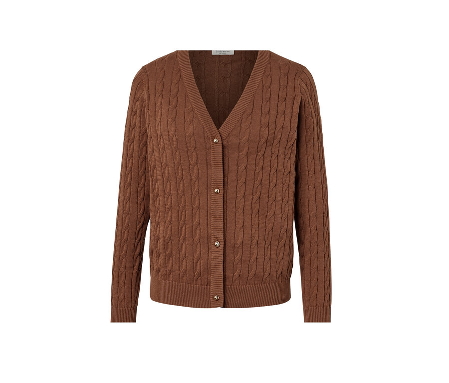 Brauner Feinstrickcardigan mit Zopfmuster.