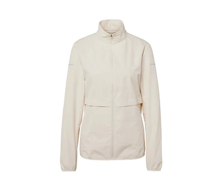 Cremefarbene Windprotection-Laufjacke mit Reißverschluss vorne.