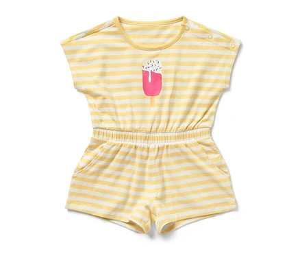 Gelb-weißer gestreifter Kinder-Jumpsuit mit Eis-Motiv.