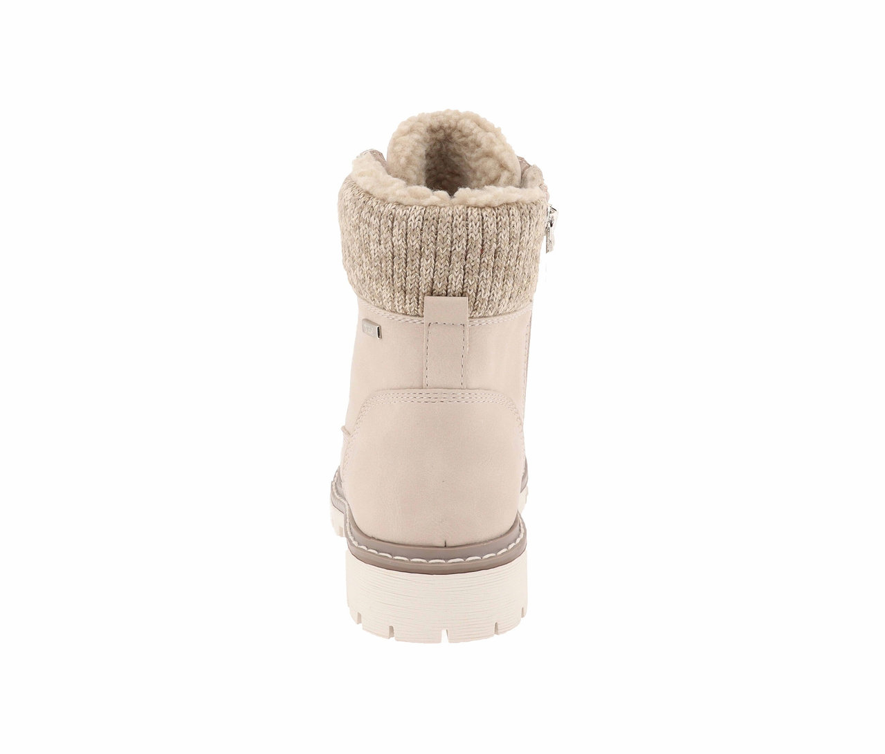 Beiger Damen-Winterstiefel mit Strickrand und Fellfutter.