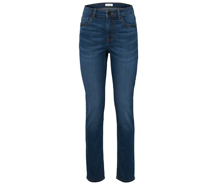 Blaue High-Waist-Jeans.