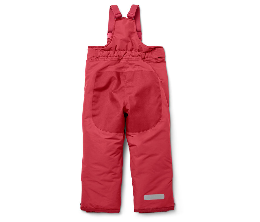 Rote Kinder-Skihose mit Latz auf weißem Hintergrund.