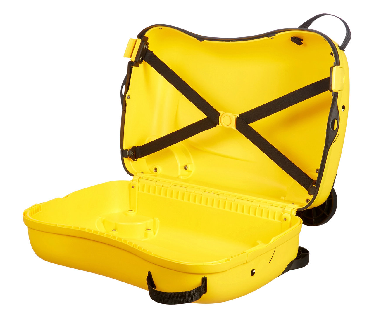 Offener, gelber American Tourister Aufsitzkoffer »Funrider« Biene, Innenseite mit schwarzen Gurten.