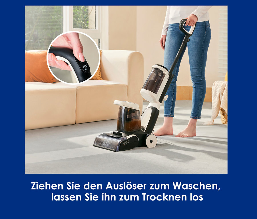 Frau verwendet Tineco Teppichreiniger iCarpet auf grauem Teppich.