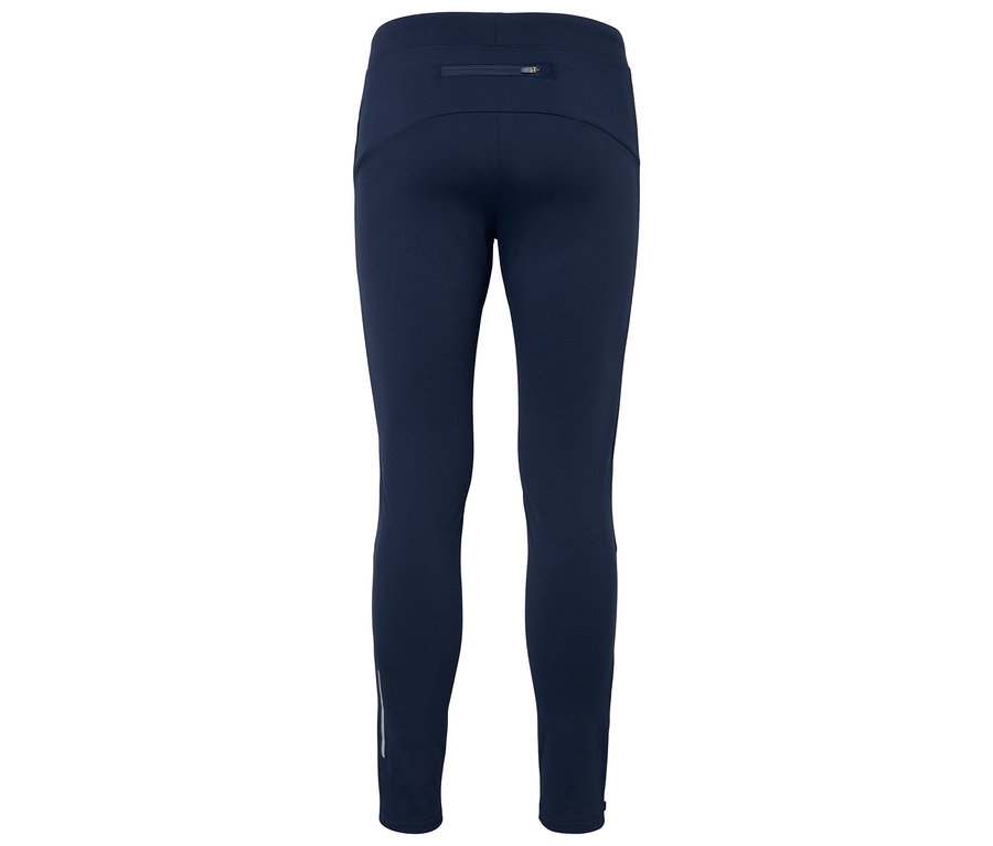 Dunkelblaue Leggings mit Reißverschlusstasche oben.
