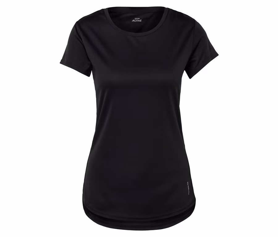 Schwarzes, kurzärmeliges Sport-T-Shirt auf weißem Hintergrund.