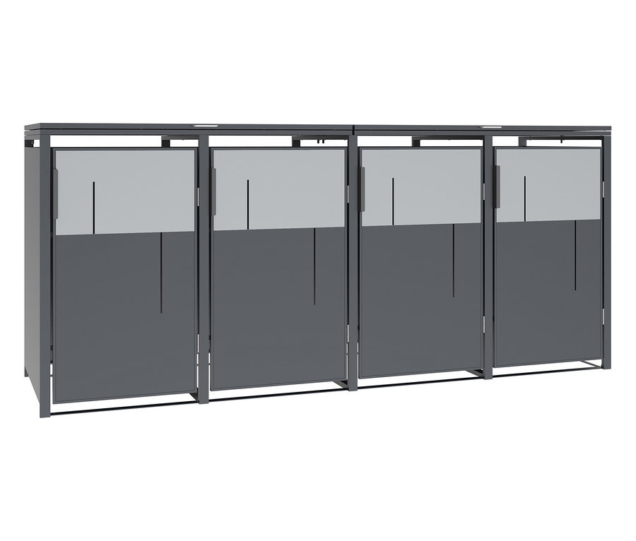 Vier graue Mülltonnenboxen mit transparenten Oberteilen.