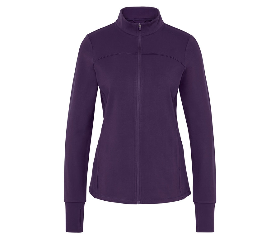 Lila Sportjacke mit langem Ärmel und Reißverschluss.