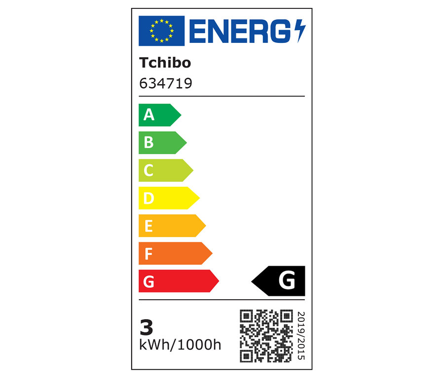 Tchibo 634719 Energieetikett mit den Klassen A bis G, Verbrauch 3 kWh/1000h und QR-Code.