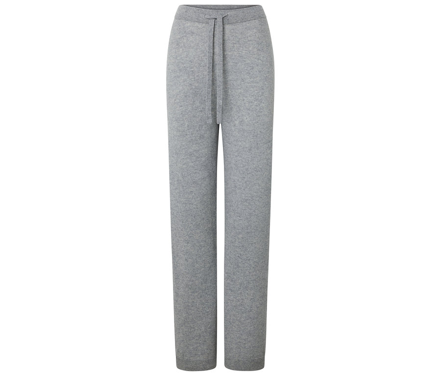 Graue Strickhose mit Kordelzug in der Taille.