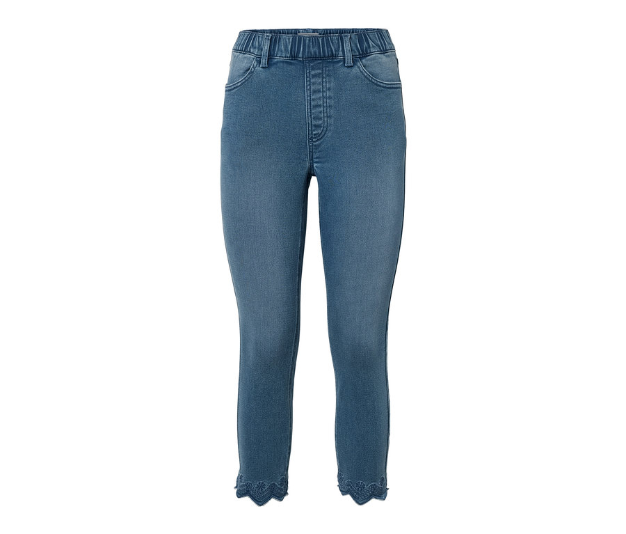 Blaue 7/8-Treggings mit Lochstickerei.