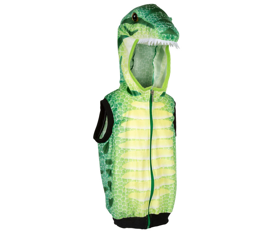 Grüne Kinderweste mit Kapuze im Dinosaurier-Design mit Reißverschluss.