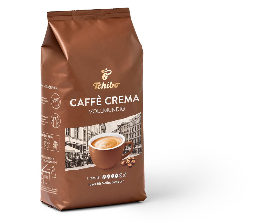 Eine braune Packung Caffè Crema Vollmundig Ganze Bohne.