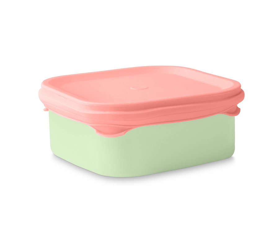 Eine grüne Emaille-Lunchbox mit rosa Deckel.