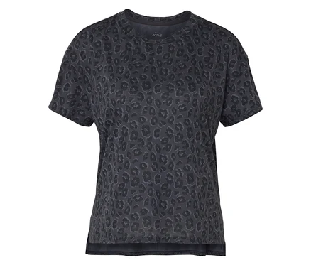 Schwarzes Kurzarm-T-Shirt mit Tiermuster.