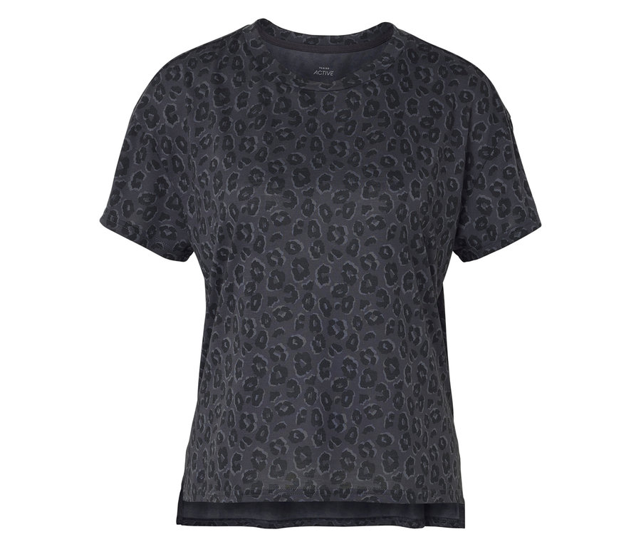 Schwarzes Kurzarm-T-Shirt mit Tiermuster.