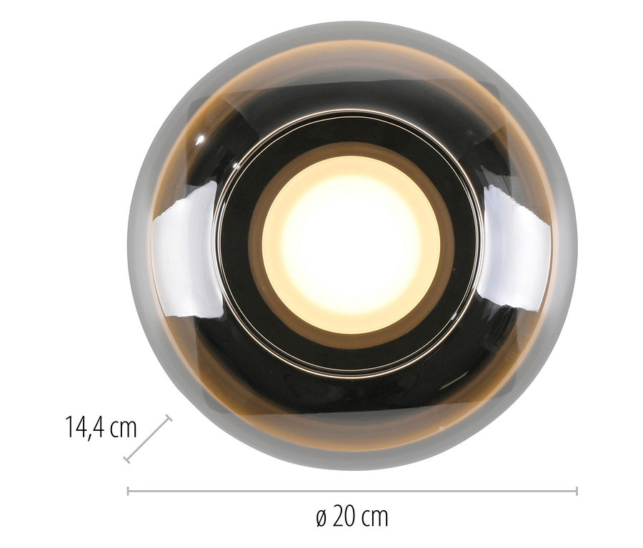 Nahaufnahme einer Deckenleuchte mit Rauchglaslampenschirm und den Maßen 20 cm Durchmesser und 14,4 cm Höhe.