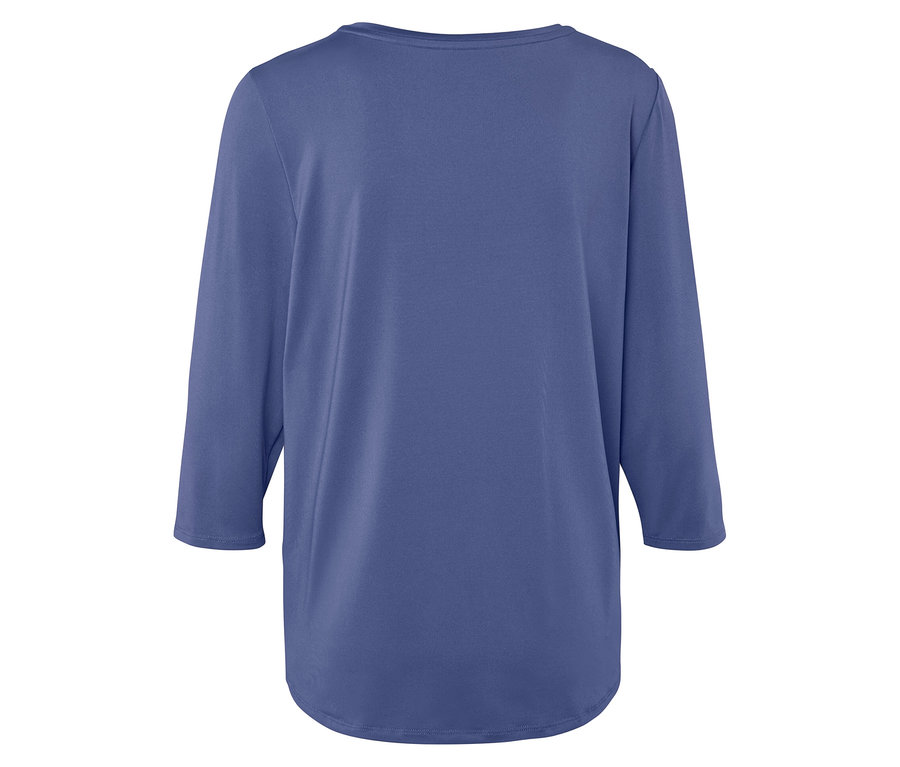 Rückansicht eines blauen Dreiviertelarm-T-Shirts.