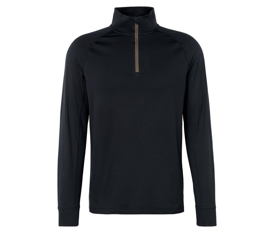 Schwarzes Langarmshirt mit Reißverschluss am Kragen.