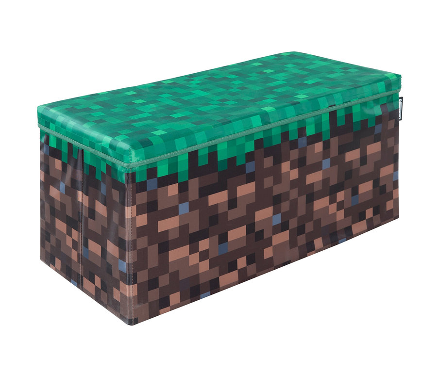 Eine große MINECRAFT Sitz- und Aufbewahrungsbox mit Gras- und Erdtextur.