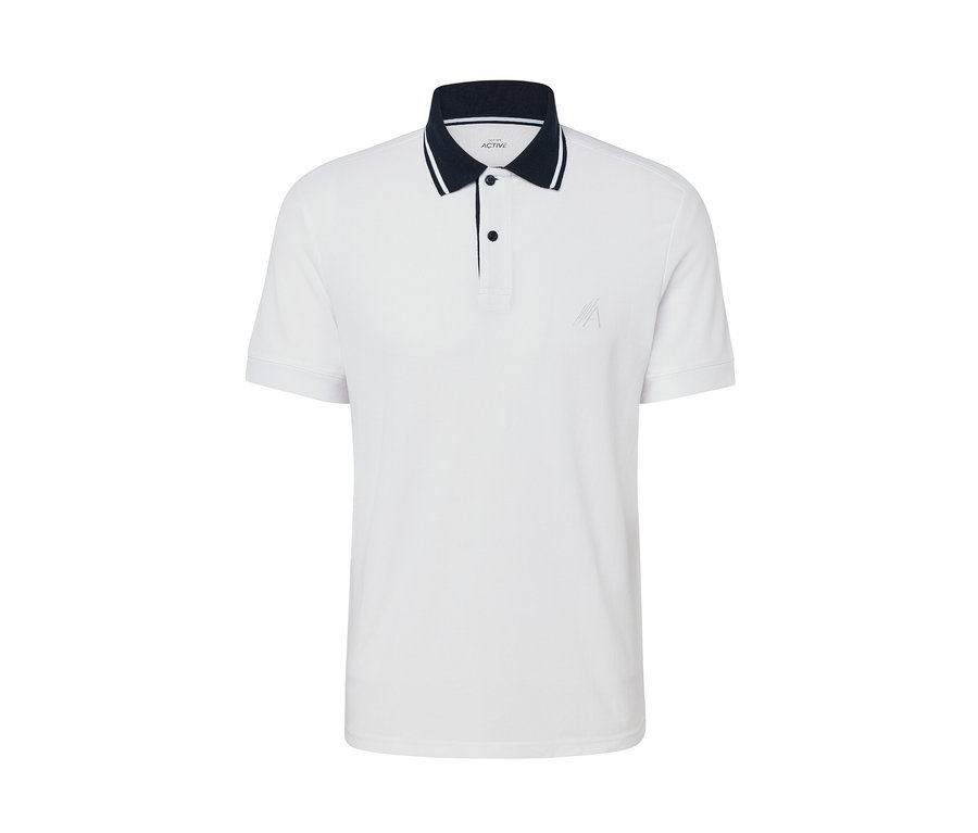 Weißes Funktions-Poloshirt mit kurzen Ärmeln und dunkelblauem Saum am Kragen.