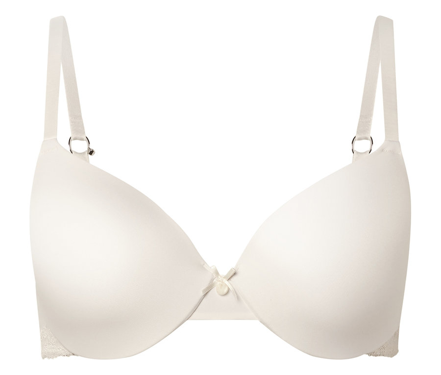 Elfenbeinfarbener BH mit Bügel und verstellbaren Trägern, zentriert auf weißem Hintergrund.