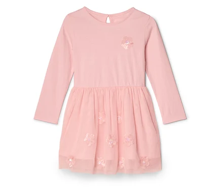 Rosa, langärmliges Kleid mit Tüllrock und Blumenapplikationen.