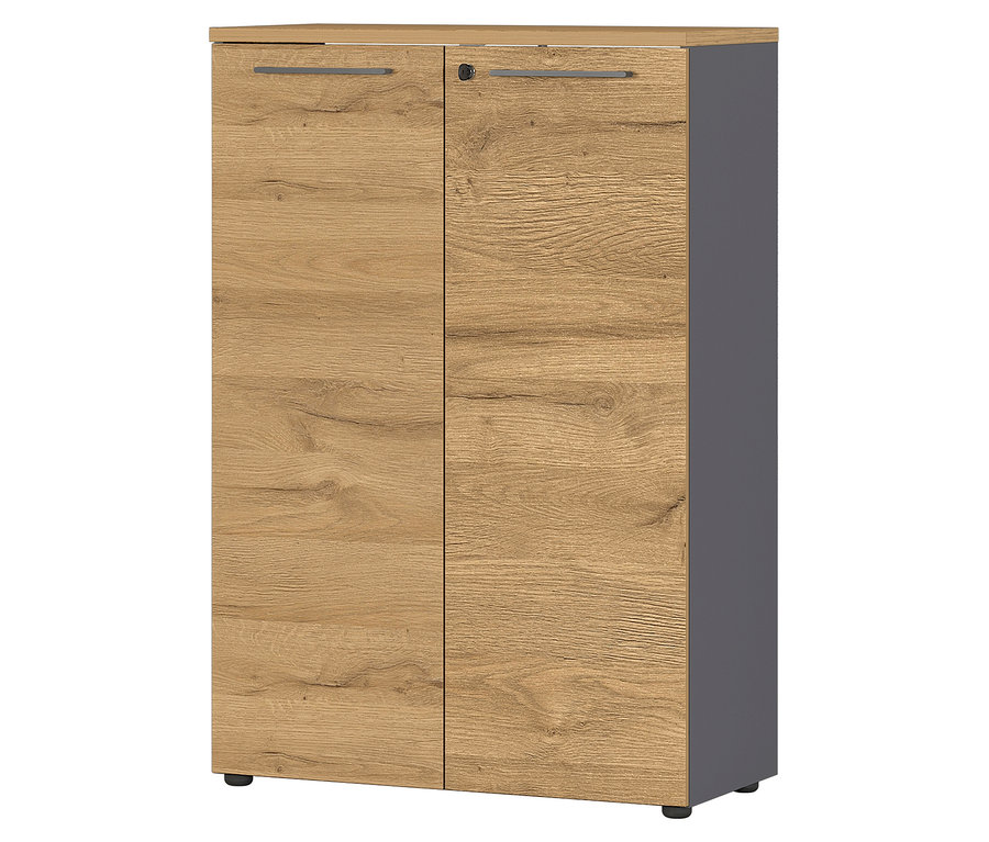 Kleiner Aktenschrank »Agenda« mit zwei Türen in Holzoptik und grauem Korpus.