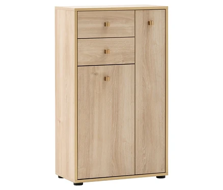 Das Highboard »Flora« in heller Holzoptik mit zwei Schubladen und zwei Türen steht auf einem weißen Hintergrund.