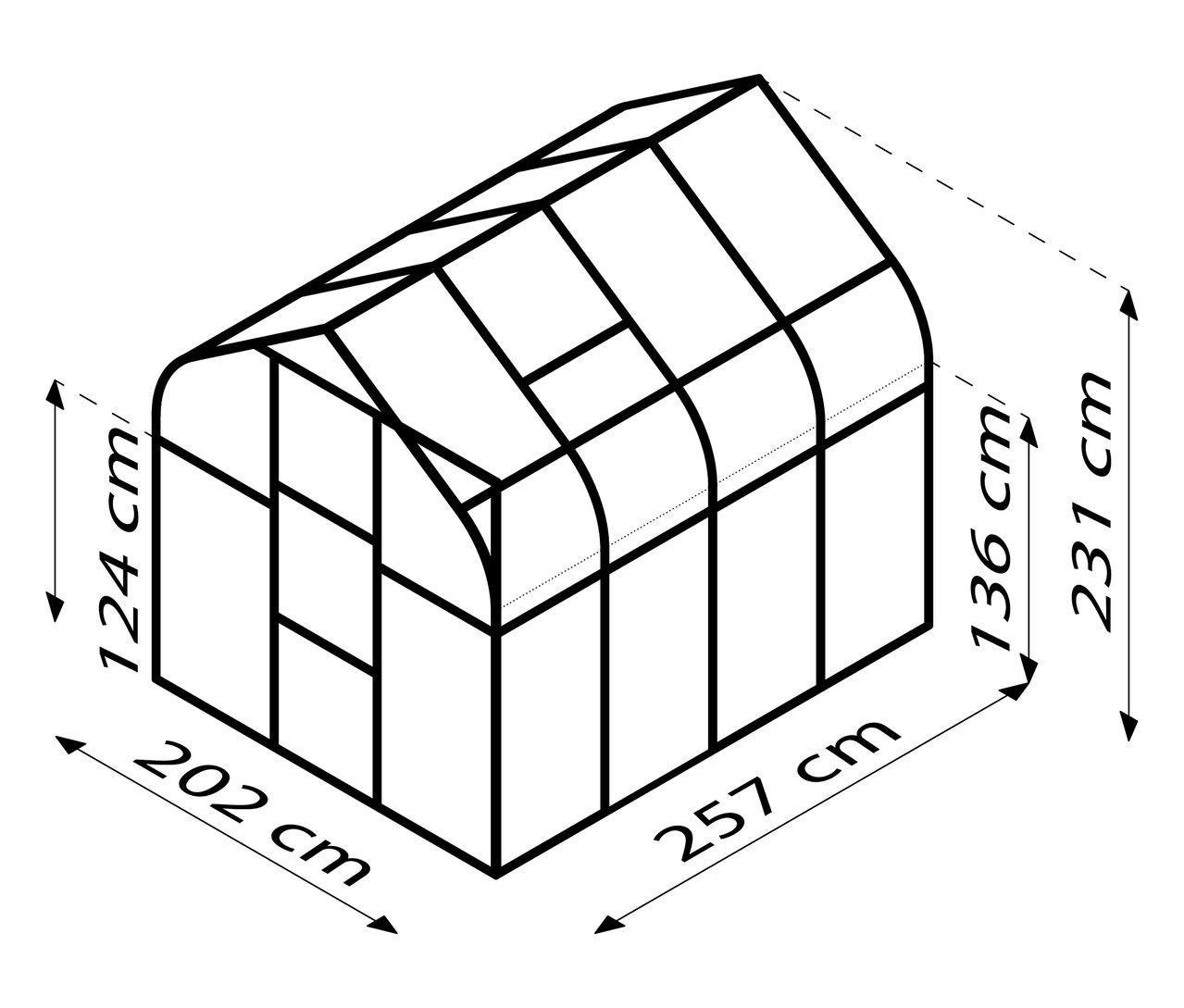 Draufsicht des Vitavia Gewächshauses Orion ESG 5 m² inkl. Rahmenfundament mit Maßangaben zu Höhe, Breite und Länge.