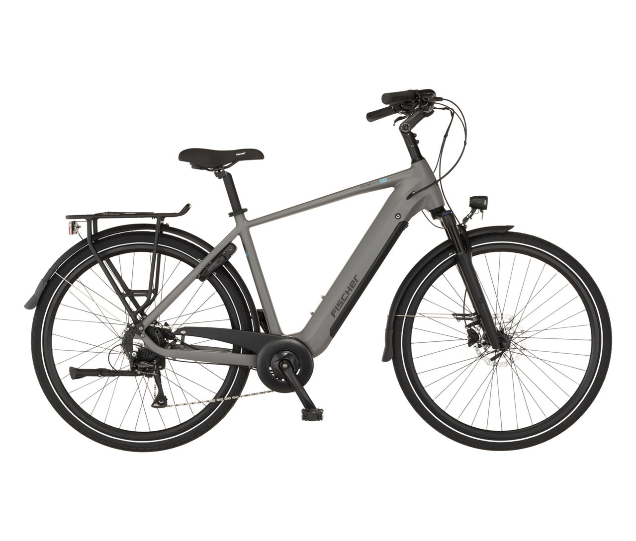 Graues FISCHER Trekking-E-Bike VIATOR MOVE mit Diamant-Rahmen steht seitlich vor einem weißen Hintergrund.