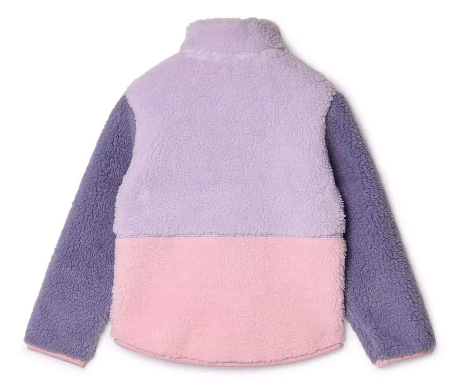 Rückansicht einer Fleecejacke in Lila und Rosa mit Stehkragen.