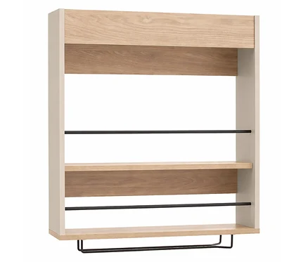 Das cremebeige Barregal »Kolari« hat drei Regalböden aus hellem Holz und schwarze Stangen. An der Unterseite befindet sich eine Halterung.