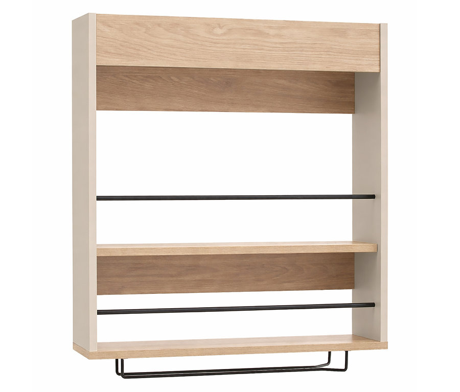 Das cremebeige Barregal »Kolari« hat drei Regalböden aus hellem Holz und schwarze Stangen. An der Unterseite befindet sich eine Halterung.
