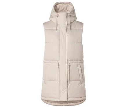 Lange, beige Steppweste mit Kapuze, Kordelzügen an der Kapuze und Taille sowie aufgesetzten Taschen.