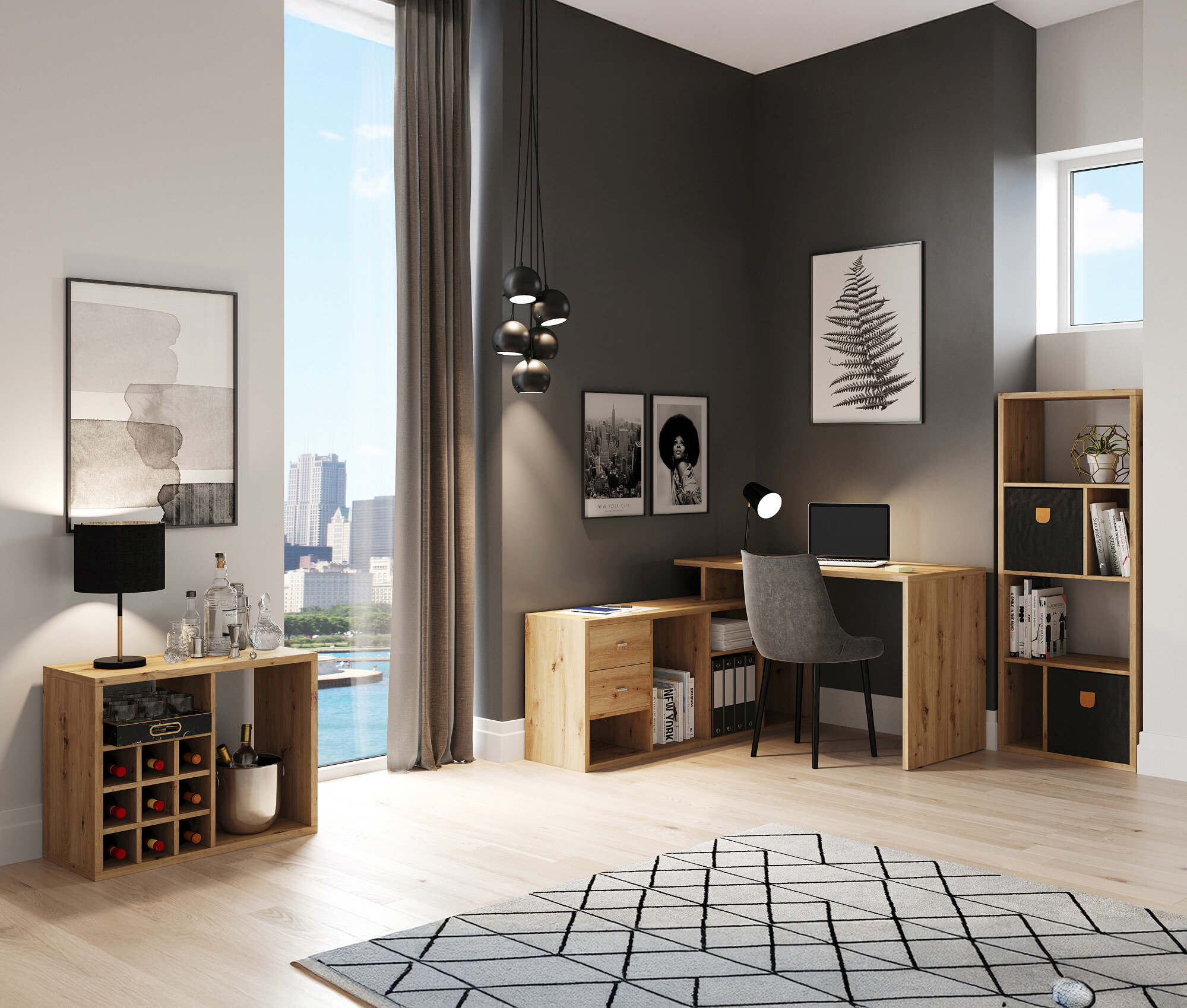 Einrichtungsgegenstände in einem Arbeitszimmer, darunter ein Schreibtisch, ein Stuhl, ein Bücherregal und ein Weinregal.