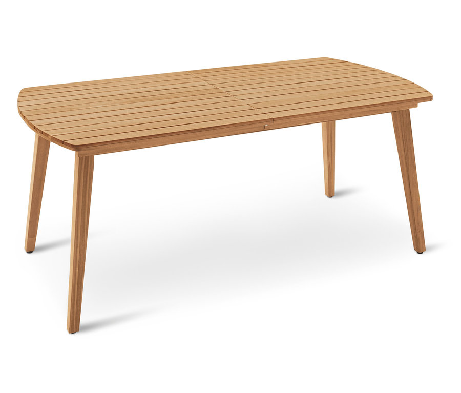 Ein rechteckiger Holztisch mit abgerundeten Enden und vier Beinen steht auf einem weißen Hintergrund.