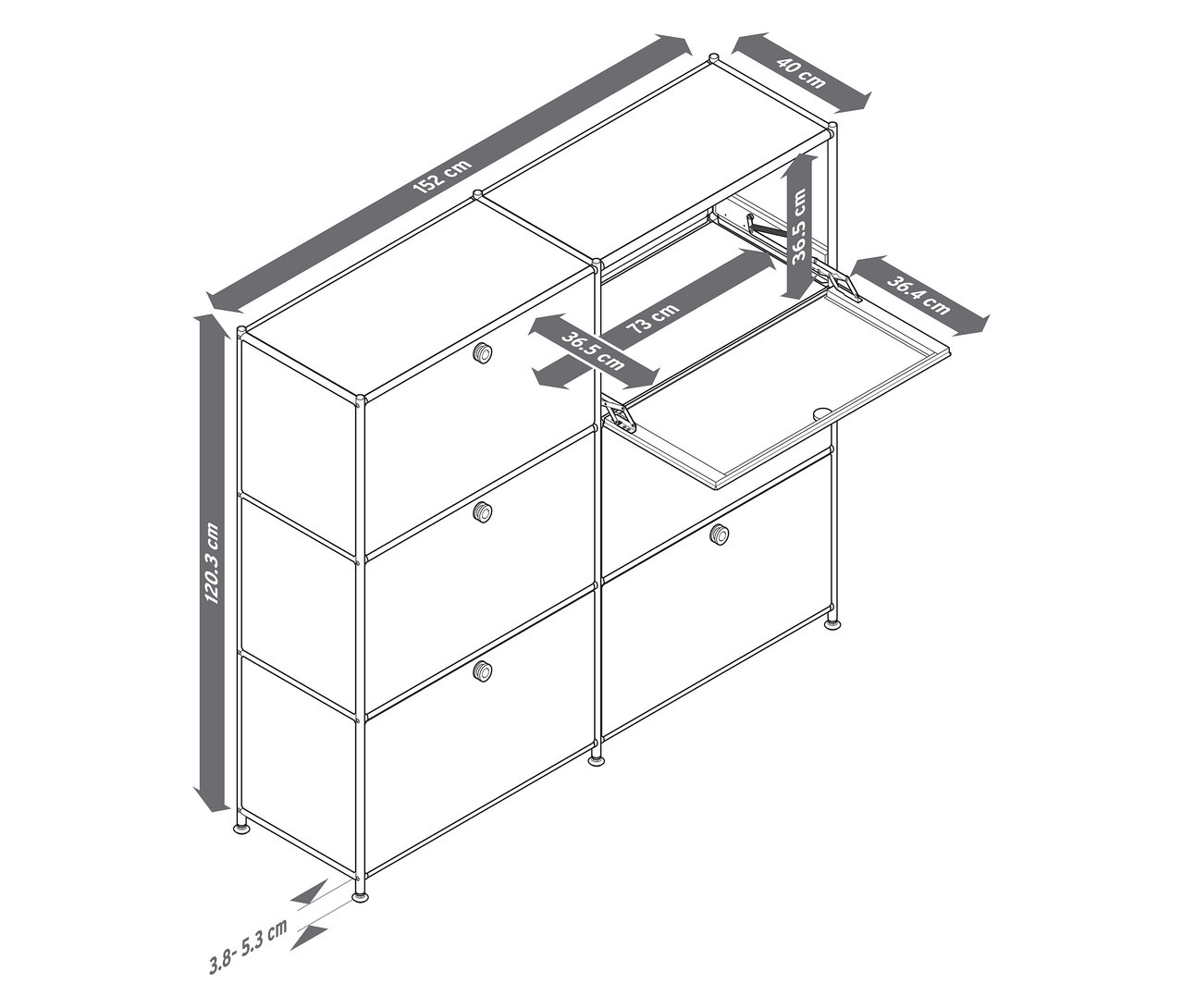 Perspektive einer Metall-Kommode »CN3« mit sechs Klappfächern, eines davon geöffnet, Maße sind eingezeichnet.