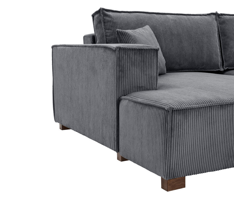 Detailaufnahme eines grauen Cord-Sofas mit Holzfüßen.